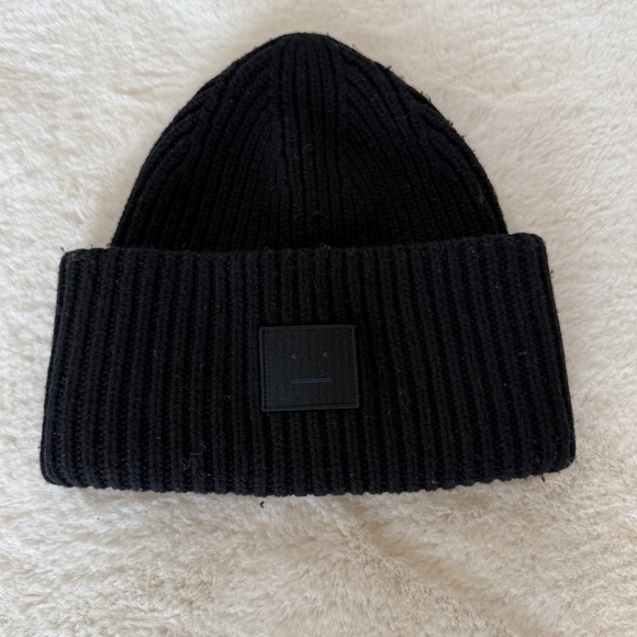 Authentic Acne Studios PANSY N FACE Black Ribbed Knit Beanie OS 56 cm 100% Wool - Picture 3 of 7